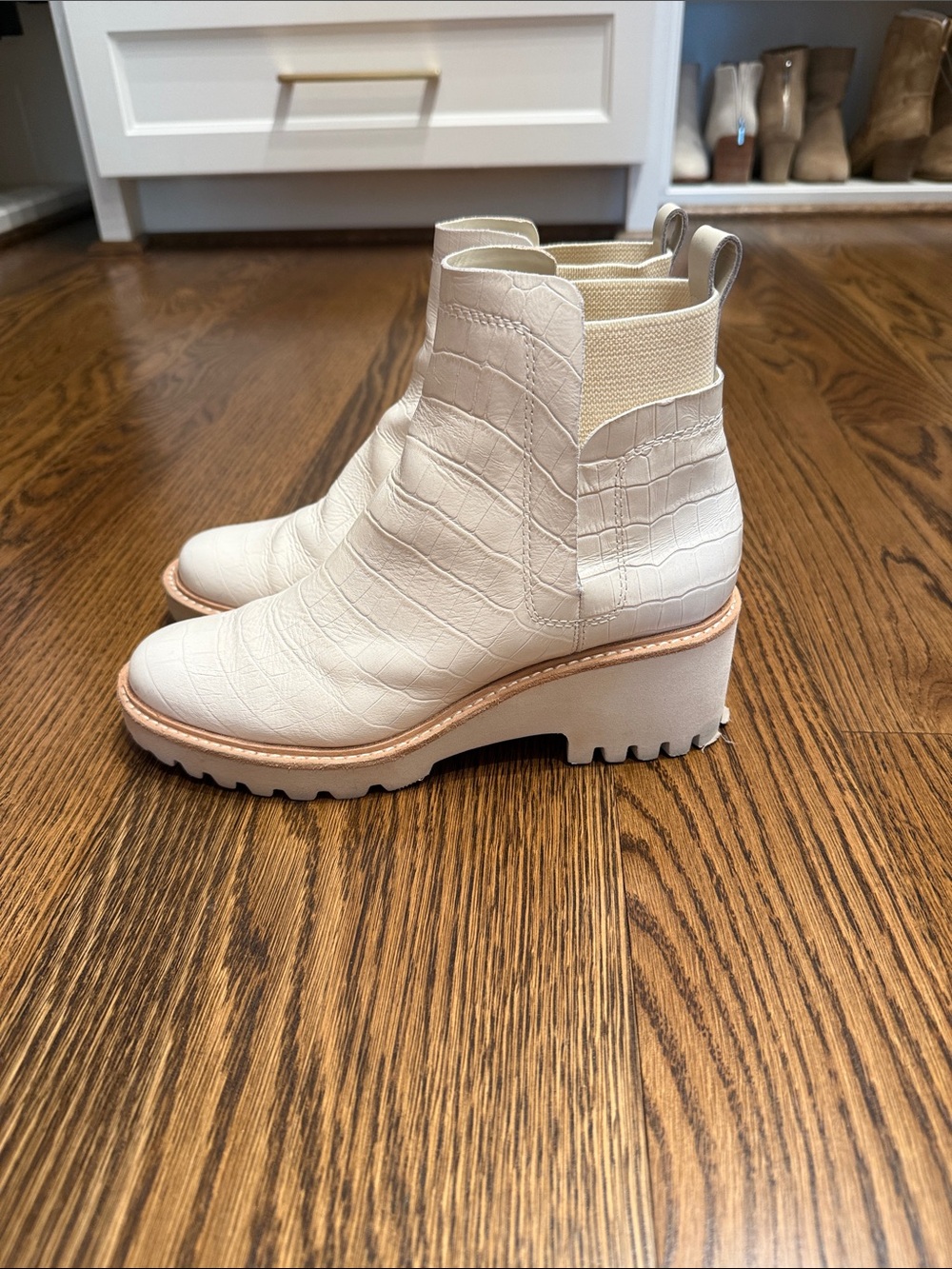 Dolce Vita Ivory Croc-Embossed Chelsea Wedge Booties